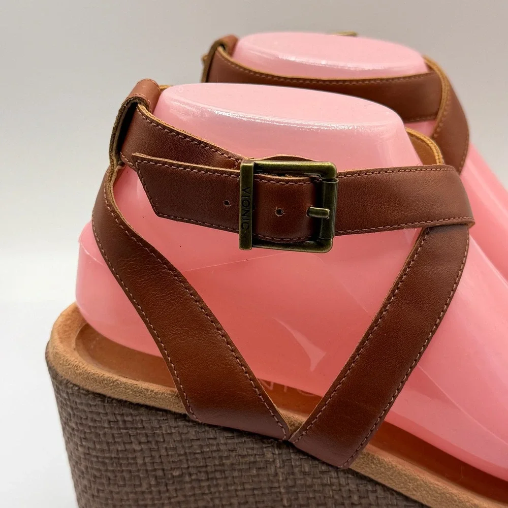 Vionic Clarisa Tan Leather Raffia Wedge Sandals Strappy Platform Brown 8